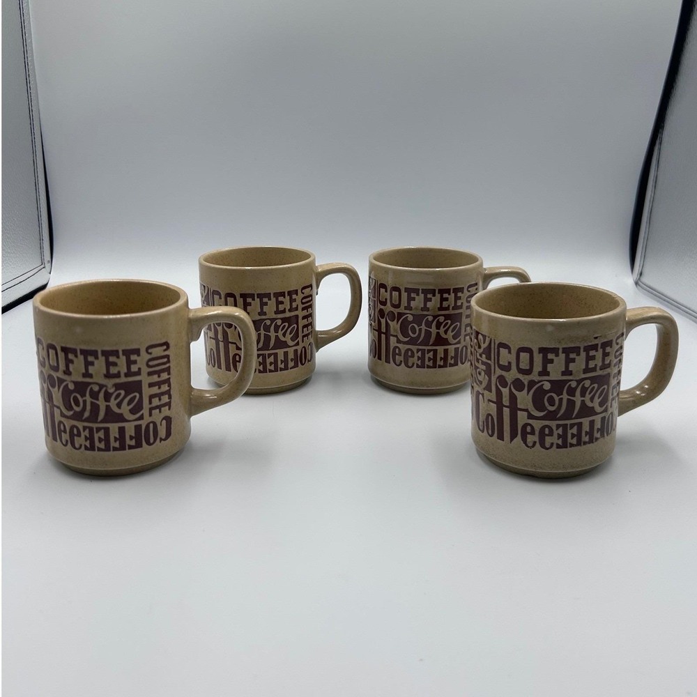 Vintage Japan Speckled Stoneware Coffee Mugs Set of 4 Brown Typography Retro MCM
